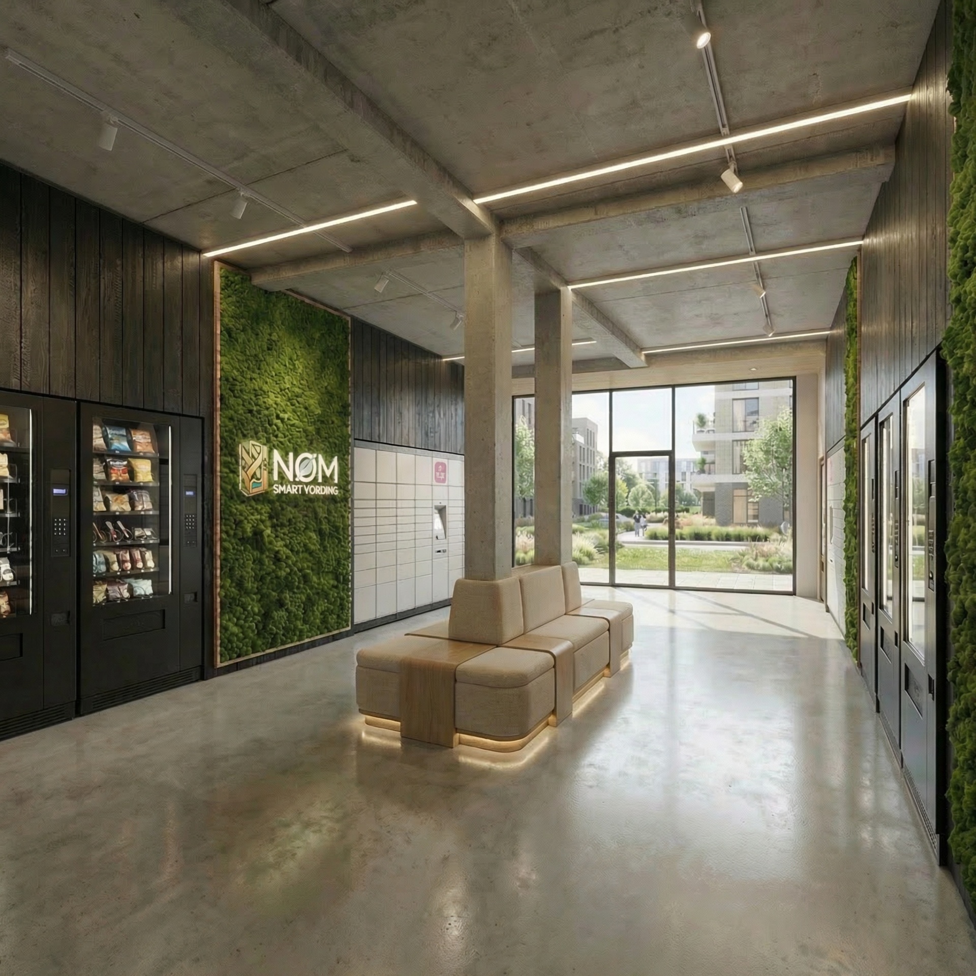 Premium NØM vending interior with concrete surfaces, moss walls, and integrated smart vending machines.